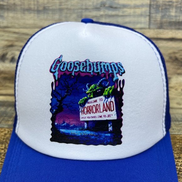 Goosebumps R.L. Stine Mens Trucker Hat Blue Snapback Horrorland 90s Baseball Cap - Picture 3 of 8